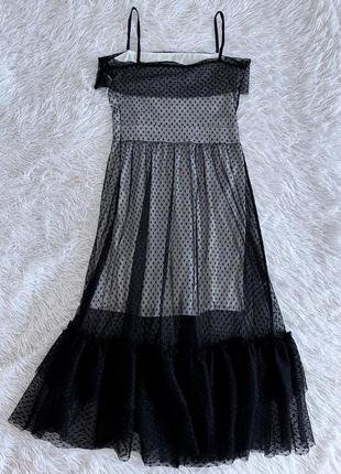 Нежное черное платье george в горошек7 фото