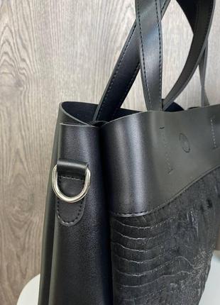 Трендовая женская замшевая сумка рептилия черная, сумочка на плечо под рептилию натуральная замша4 фото