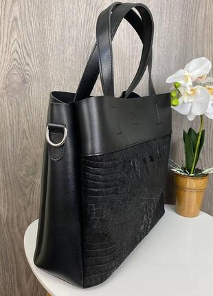 Трендовая женская замшевая сумка рептилия черная, сумочка на плечо под рептилию натуральная замша5 фото