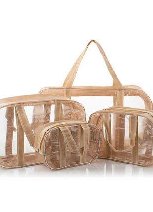 Набор прозрачных сумок (s, m, l, xl)  nika torrі комбинированные пвх + спанбонд бежевый1 фото