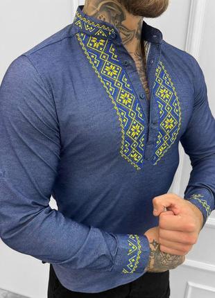 Вышитая мужская рубашка на длинный рукав / стильная льняная вышиванка в голубом цвете размер s