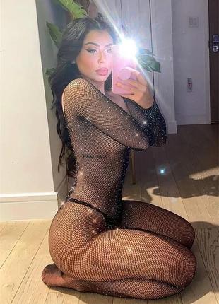 Комплект,костюм,нижнее белье комбинезон сетка со стразами,с камнями