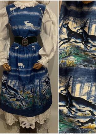 Атмосферна сукня сарафан в синіх відтінках з натуральної тканини котон в цікавий принт сімейство оленів олені ліс