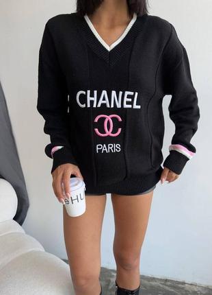 Ультрамодний подовжений светр шанель з брендовим логом вільного прямого крою з надписом принтом стильний теплий6 фото