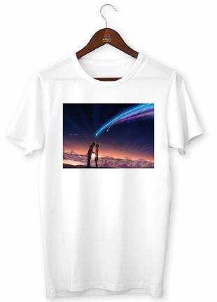 Футболка с оригинальным принтом "your name твое имя taki mitsuha держатся за руки на фоне