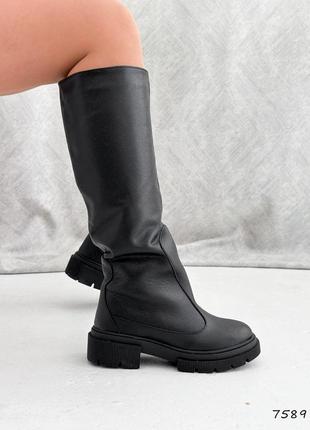 Стильні чорні зимові чоботи високі жіночі,вовна+фліс,шкіряні/шкіра-жіноче взуття на зиму 2023-20244 фото