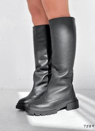 Стильні чорні зимові чоботи високі жіночі,вовна+фліс,шкіряні/шкіра-жіноче взуття на зиму 2023-2024