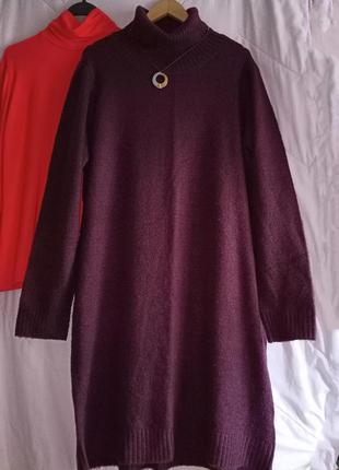 Батал!теплое трикотажное платье цвета марсала с высокой горловиной,56-60разм.2 фото