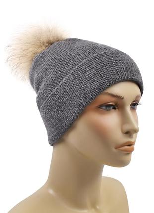 Вязаная женская зимняя теплая шапка на флисе ш41 фото