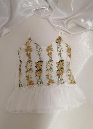 Майка топ блуза с вышивкой волан плетеные бретели