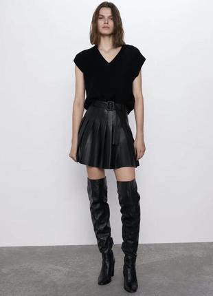 Юбка из эко кожи плисерированная юбка мини юбка zara юбка-тенинка плиссе мыны юбка кожная юбка
