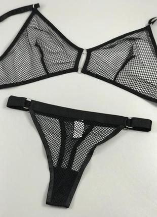 Чорний жіночий сексуальний комплект білизни, комплект жіночої еротичної білизни в мікро сітку