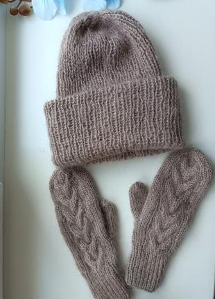 Комплект шапка такори мохерная теплая перчатки варежки мохер2 фото