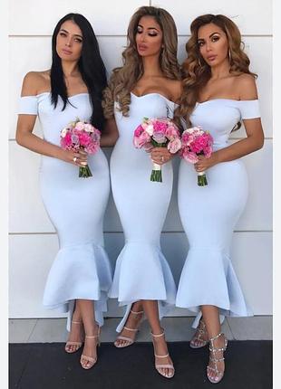 Пыльно-синее платье миди с оборками  ✨ prettylittlething ✨ платье-рыбка миди с открытыми плечами кромкой