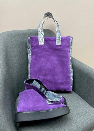Замшевые фиолетовые ботинки хайтопы на высокой подошве цвет на выбор9 фото