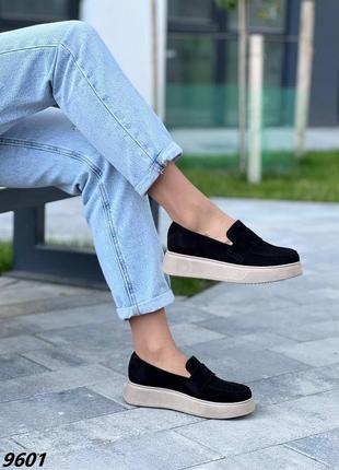 Лоферы, черные, натуральная замша