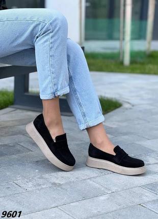 Лоферы, черные, натуральная замша