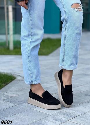 Лоферы, черные, натуральная замша