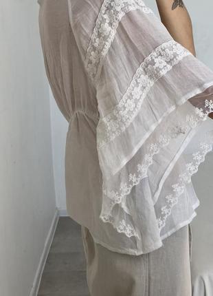 Полупрозрачная белая кофточка этно хиппи стиль оверсайз, вышивка2 фото