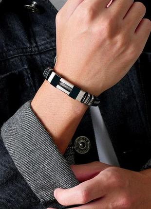Мужской кожаный браслет классический с стальными вставками черный4 фото