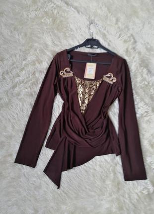 Блуза кофта с эффектом запаха с напылением золото под хищный принт леопард лео красивые брошки с кам