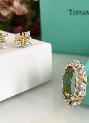 Tiffany тиффани набор - кольцо и серьги с крестиками серебро 925, позолота. упаковка. на подарок девушке.3 фото