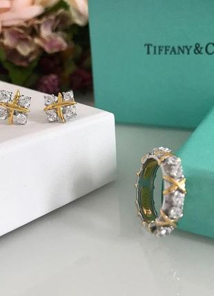Tiffany тиффани набор - кольцо и серьги с крестиками серебро 925, позолота. упаковка. на подарок девушке.5 фото