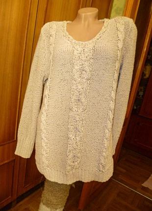 Фирменный теплый свитер generous by lindex вязаный с косами пудровый-серый удлиненный