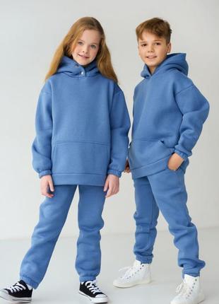Качественный детский спортивный костюм теплый на флисе синий джинс для мальчика девочки унисекс утепленный оверсайз oversize1 фото