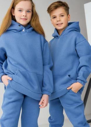 Качественный детский спортивный костюм теплый на флисе синий джинс для мальчика девочки унисекс утепленный оверсайз oversize6 фото