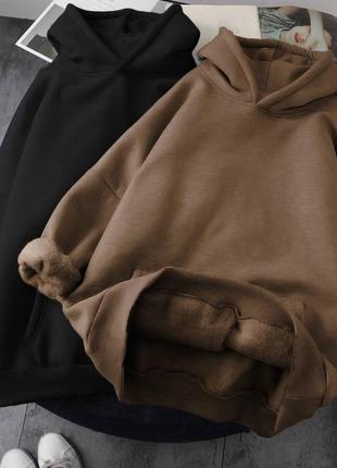 Теплое худи свободного кроя с начесом оверсайз кофта кенгуру с капюшоном стильное базовое черное серое коричневое1 фото