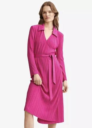 Платье mango розовое фуксия миди с длинным рукавом на поясе xl