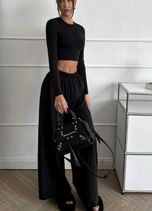 Костюм жіночий чорний однотонний топ на довгий рукав штани вільного крою на високій посадці якісний стильний базовий