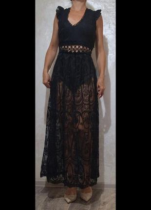 Черное кружевное платье пеньюар с трусиками3 фото