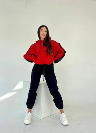 Костюм спортивный женский тедди оверсайз худи с капишоном брюки джоггеры на высокой посадке с карманами качественный стильный теплый мокко красный7 фото