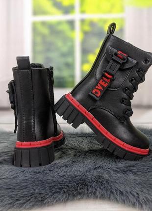 Ботинки зимние детские для девочки черные с красным канарейка7 фото
