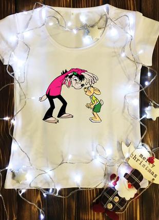 Женская футболка  с принтом - заяц и волк