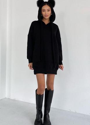 Плаття- худі жіноче тепле з турецької бавовняної тканини на флісі, з кишенею кенгуру, чорне4 фото