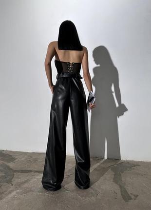 Штани-палацо жіночі широкі, прямі, утеплені, зимові, екошкіра на хутрі, чорні4 фото
