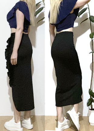 Eur 40-42 новая черная юбка длинная облегающая эластичная резинка рюши оборки вдоль