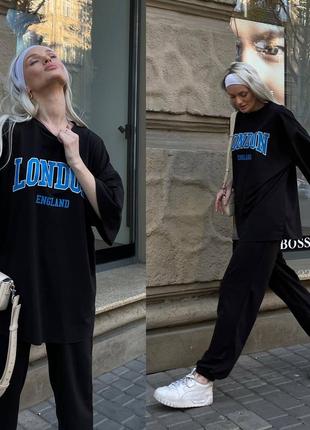 Спортивный костюм двойка футболка оверсайз штаны джоггеры на резинке комплект двухнитка с надписью накатом хаки чёрный серый меланж графит