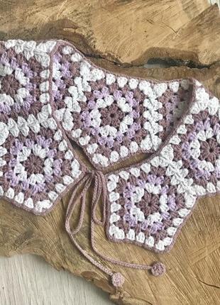 Воротник женский взрослый, мотив бабушкин квадрат, ручная работа крючком, к платью, рубашке