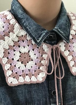 Воротник женский взрослый, мотив бабушкин квадрат, ручная работа крючком, к платью, рубашке