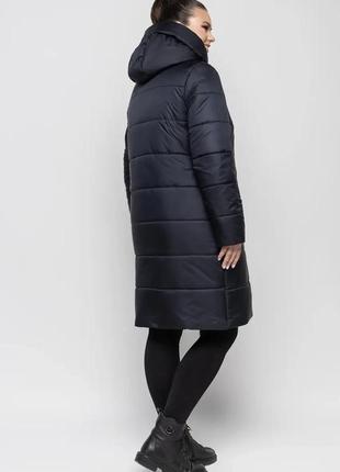 Темно-синяя женская зимняя теплая куртка пуховик до колена, большие размеры 48-622 фото