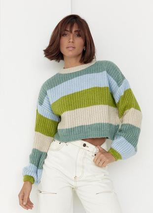 Укороченный вязаный свитер в цветную полоску - бежевый цвет, l (есть размеры)