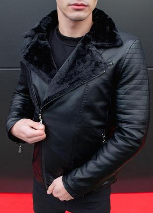 Куртка кожаная мужская зимняя с мехом "косуха" до -25*с черная кожанка теплая мужская5 фото