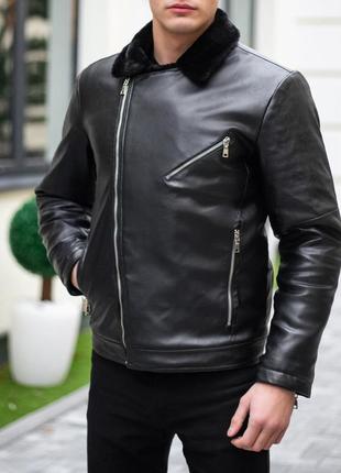 Куртка чоловіча шкіряна зимова до -15 °c з хутром чорна косуха чоловіча утеплена3 фото