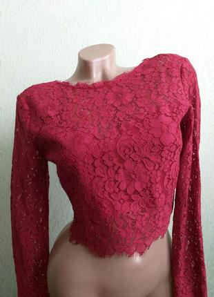 Кроп топ кружево. блуза с открытой спиной. лонгслив. терракотовый, темно-красный.