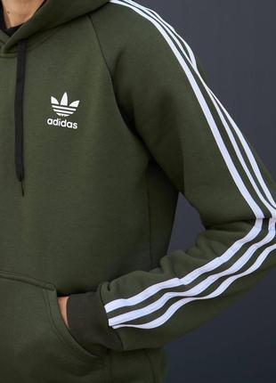 Толстовка чоловіча зимова adidas на флісі з лампасами хакі | кофта флісова | худі адідас з капюшоном зима