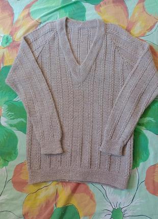 Теплый шерстяной удлиненный вязаный узорный свитер кофта вырез горловины v. темно бежевый6 фото